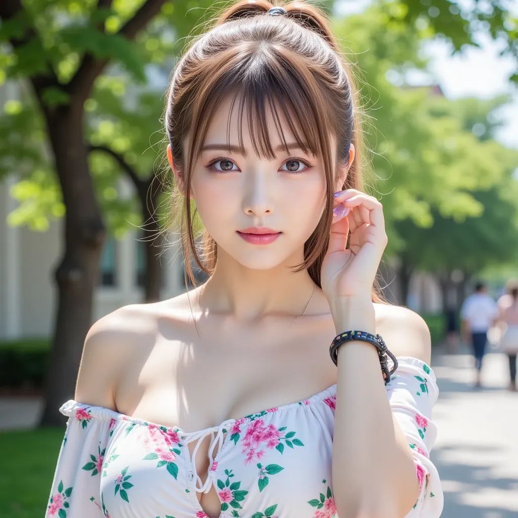 ((8K wallpaper)),((blond hair)),((short ponytail in tunic)),((big breasts,Big Breasts)),(( beautiful Japanese girl)),((Intelligent Glasses)),((University Campus Background)),((colorful manicure for nails)),((earrings, necklaces)),smiles, ribbons, ((Off-the...