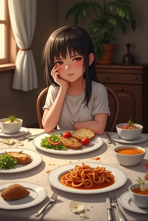 realistic girl with a table full of eaten food everything every plate is empty she ate everything and feels a little guilty for this
