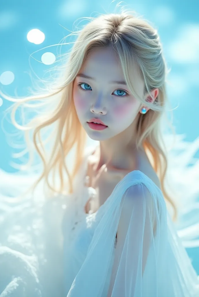 Beautiful and young Japanese girl at the photo shoot.Appearance of LUXE 
Hair - light blonde, maybe with light waves or the effect of "air movement".
The eyes are a deep light-reflecting sky blue.
The skin is light, with a slight glow, which adds to the ef...