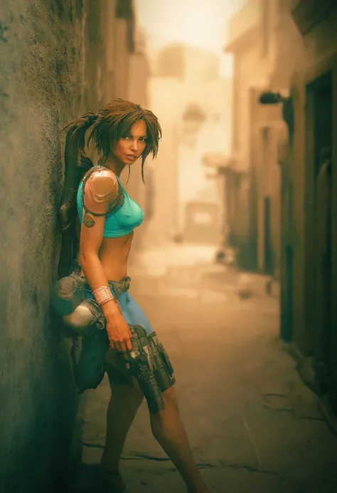 score_9, score_8_up, score_7_up, score_6_up, rating_safe, cinematic film still, solo, 1girl, BREAK (Lara Croft, brown hair, ponytail:1.3, sky blue tank top, micro shorts, thick thighs), BREAK (dimly lit:1.1), leaning on a wall, dark alley, (cinematic light...