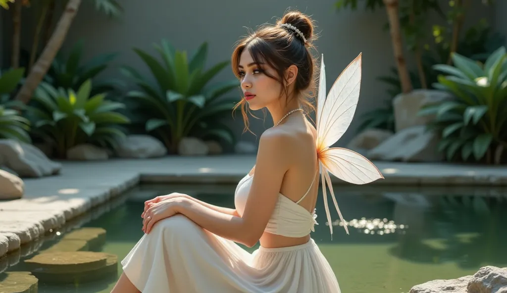 Create an image of the woman in a tranquil Zen garden with a reflective pond. She wears a flowing maxi dress with a soft, subtle overlay and gentle fairy wings in a minimalist style. Accessories include a pearl necklace, delicate rings, and minimalist hair...