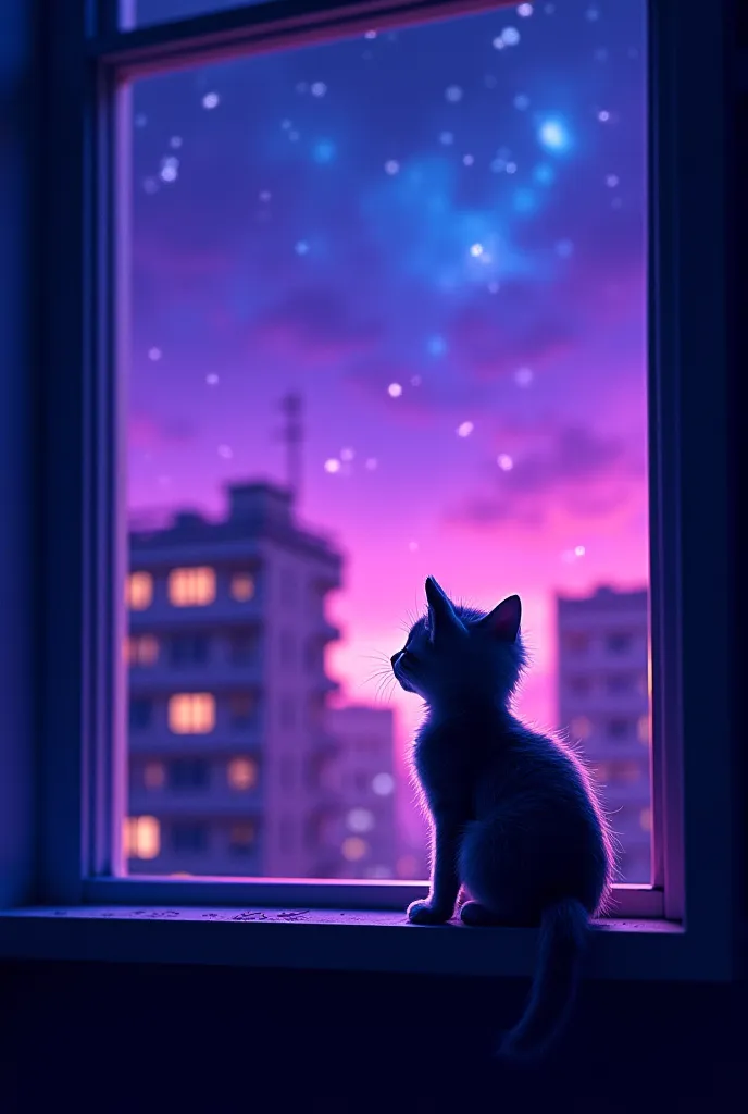 a kitten sitting backwards at a window looking at some apartments in one night that mixes colors between purple and blue 
in surrealist style 
