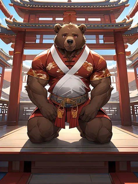 (brown bear:1.4),male,(solo:1.4),(red eyes:1.2),furry,figure proportions with a small head,(brown fur:1.5),fluffy tail,soft and fluffy fur,well-defined pectoral muscles,clearly structured muscles,wearing a bright red traditional Chinese robe,(kneeling on t...