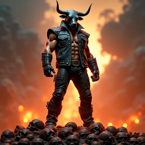 Muscular person wearing heavy metal leather jacket and bull's head standing on top of skulls hell-like background