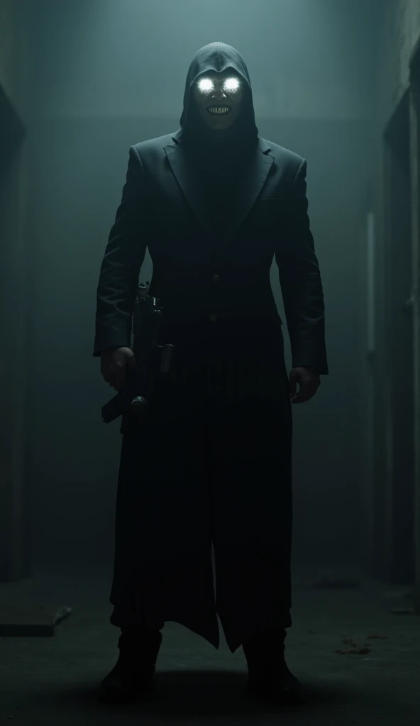 Create the image of a soldier in a black uniform, in a dark setting with your gun in hand with a psychotic smile and instead of eyes flashing white light