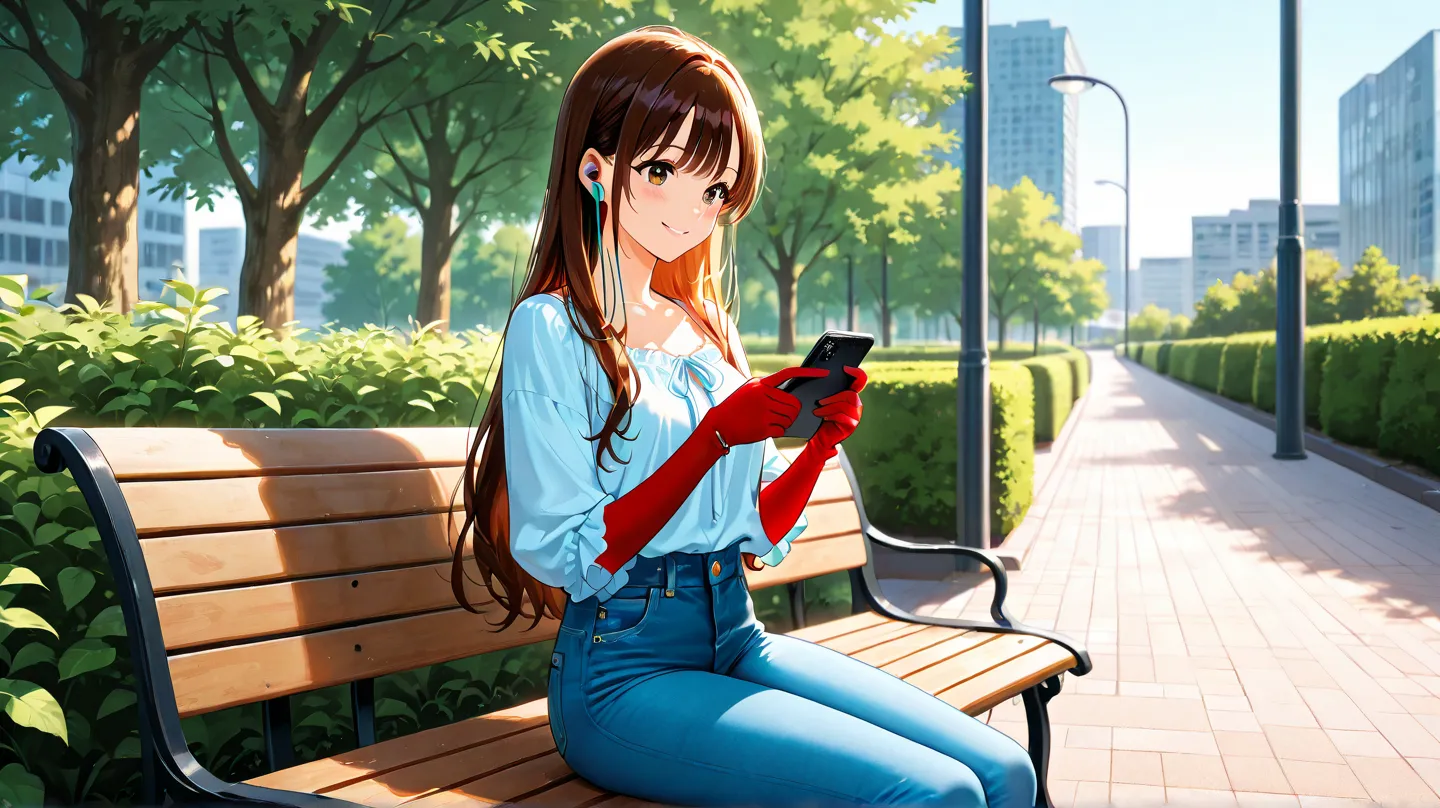 beautiful woman in her 20s, watching a video with her smartphone, wearing earphones, Wearing skinny jeans and a blouse, seating at the bench in a park at metropolitan city, High detail