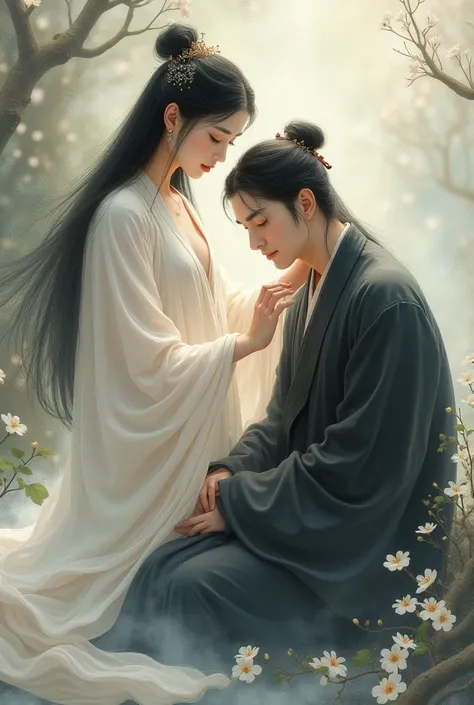 A chinese style paiting of a soft feminine goddess wearing white dress, long black hairstyle, soft lips taking care of a man wearing dark robe clothes