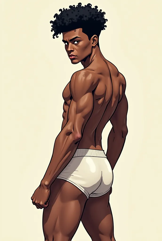 Cartoon character comic book young black man defined thin waist curly black hair serious brown white underwear 