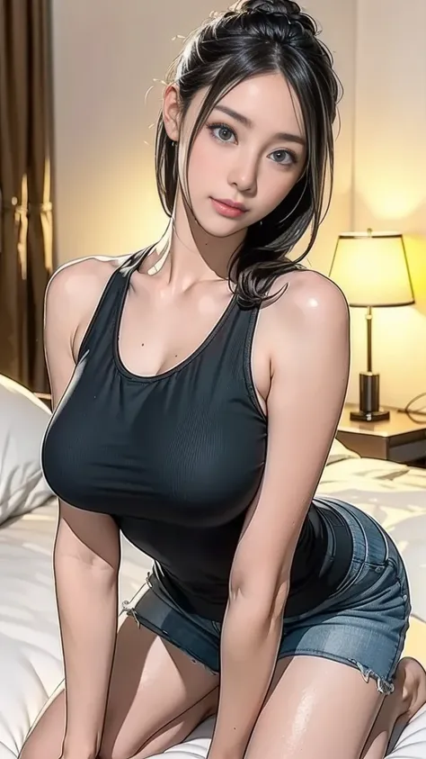 (realistic pictures),(Best Quality)、((８ｋ images)),Alone,Japanese Female、 (Good looking),very cute,   Charming Eyes,(( Gentle and Gentle Smiles )), black hair, topknot,(big breasts:1.3),(胸の谷間:1.2),(thin body, Read more),(tank top:1.4), (low-rise hot pants),...