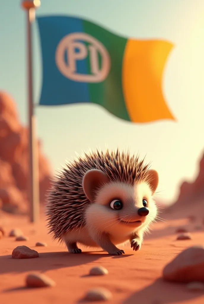 Hedgehog animation in space on Mars with a large flag with fresh and happy colour behind it with a logo pi network crypto