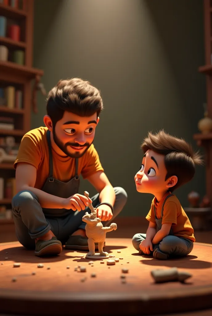 Need 3D animation style/The idol maker starts sculpting a new idol from scratch after rejecting the cracked one. His hands are steady, and the boy watches with admiration. The atmosphere is filled with dedication, patience, and the love of art."