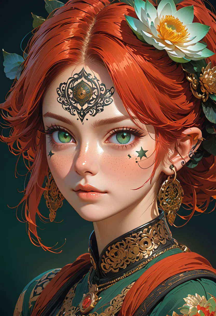 Portrait of Freckled beauty pointed elf ears blue red hair rinegan black eyes, com oculos raiban transparente verde perfect composition of lotus black gold, ornate face tattoo stars, trending on artstation, sharp focus, studio photo, intricate details, hig...