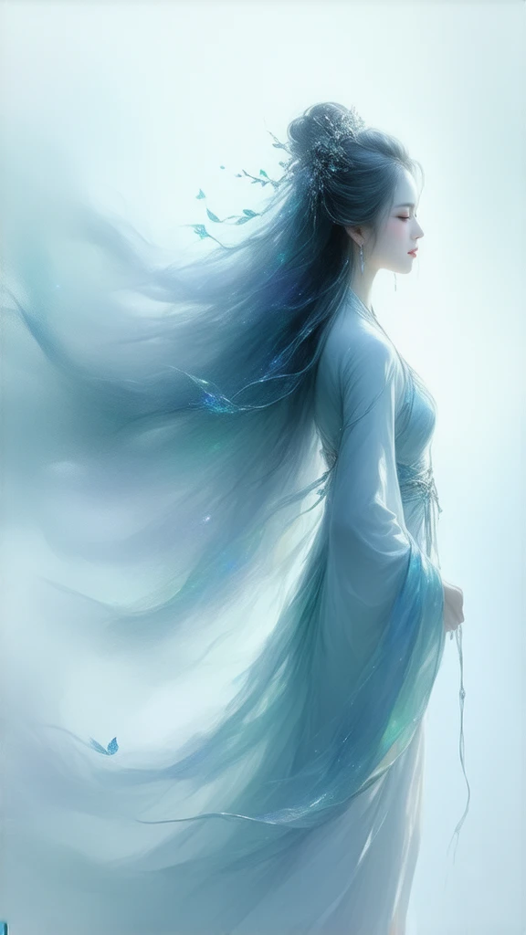 beautiful aura　amazing beauty　Mysterious　very beautiful blue
Like a celestial maiden　Genie
Beautiful loose hair that goes up to the waist　Full body　A woman who looks in front of her memories is beautiful　I'm closing my eyes lovingly　forever　 beautiful whit...