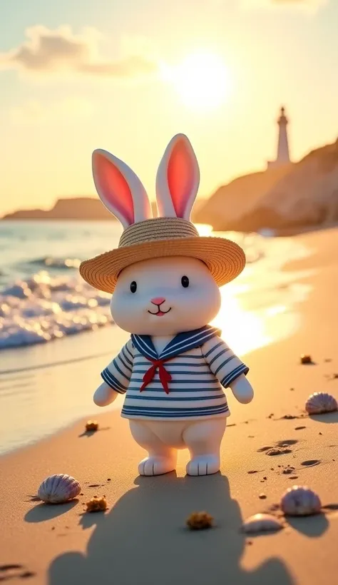 "A cheerful white rabbit in a striped sailor sweater and a straw hat, strolling along a breezy beach at sunset. The soft golden light reflects off the gentle waves as the rabbit playfully kicks up sand. Seashells and tiny crabs dot the shoreline, and a dis...