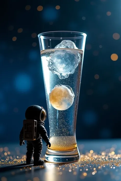 An astronaut, a small black astronaut suit with a vinyl jacket and boots, is standing outside a tall glass filled with a refreshing drink containing a miniature universe with a moon-shaped ice. Dark blue bokeh background with golden sparkles.  photographic...