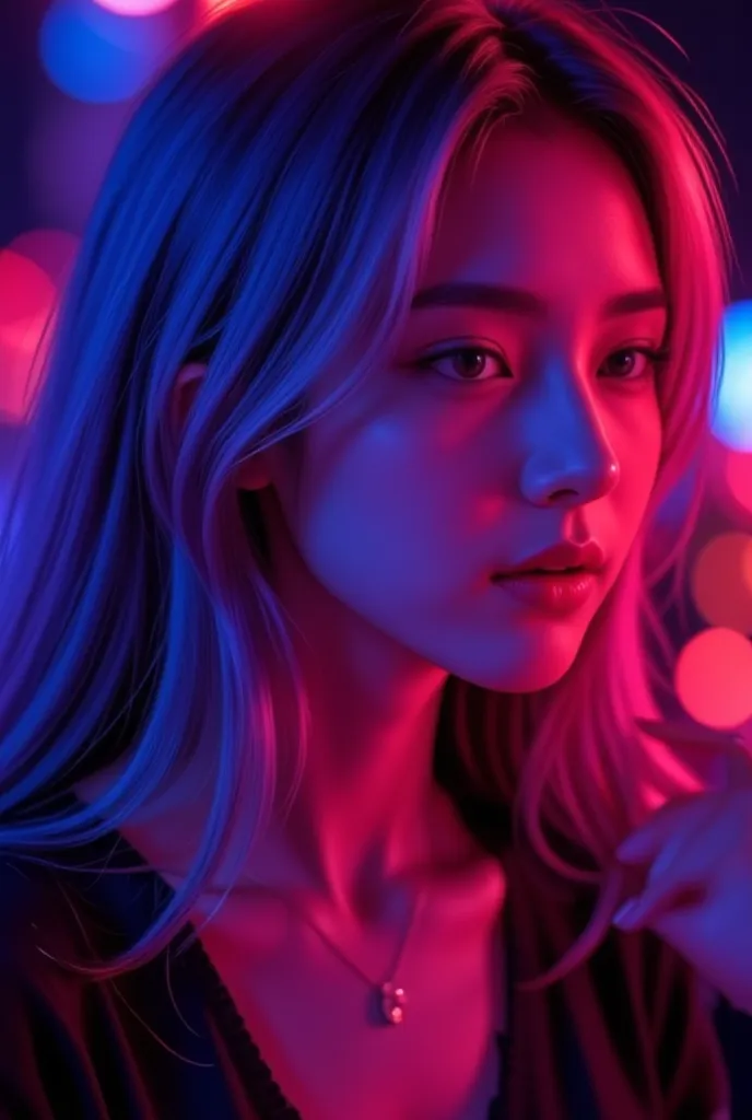 Close-up of a beautiful Korean woman with long light purple hair, illuminated by striking red and blue neon lights. The red light warmly illuminates her face, highlighting her cheekbones and lips, while the blue light reflects off her hair, creating a cybe...