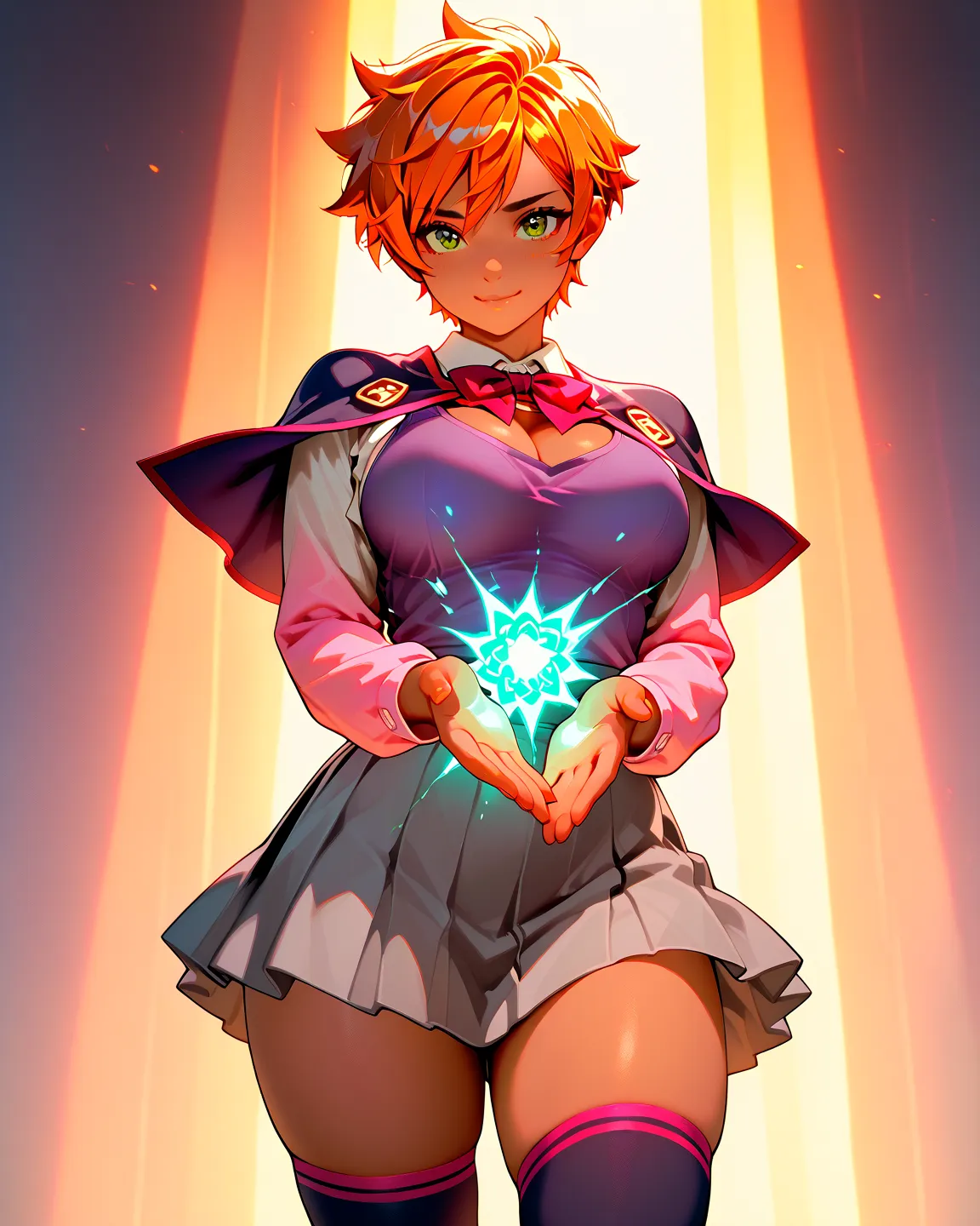 Luz noceda, detailed shading, cel shading, beautiful render art, intricate details, BREAK, busty chest, ample breasts, dark skin, cute face, loving expression, cute green eyes, short hair, pixie cut hair, bright orange hair, beautiful thighs,  blue energy ...