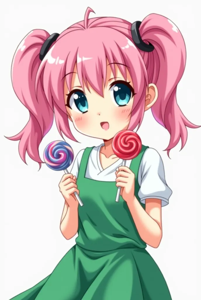 Anime girl with pink hair and green dress holding lollipops, cute girl, , small change girl, Cute Anime Girl,  pink twin tail hair and cyan eyes , cute realistic portrait, cute girlのアニメビジュアル, change,  cute anime face , extremely Cute Anime Girl face, splas...