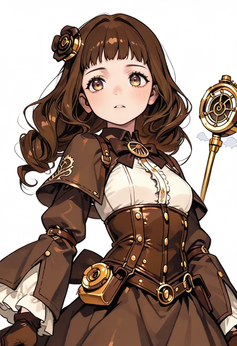 white background, Medium rose gold curls, Dark Magical Girl, Cocoa brown hair, Steampunk, Ghost demon