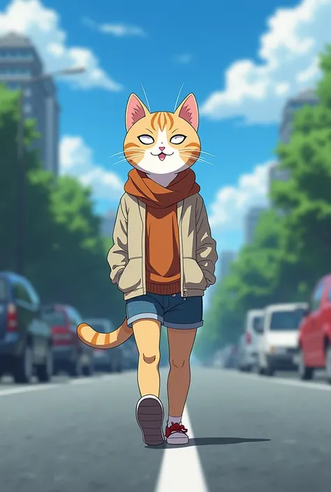 You are an expert in the world of anime, with a deep understanding of the unique aesthetics, narratives, and character archetypes that define this captivating art form. Your task is to envision a scene where a cat, defying the conventions of the natural wo...