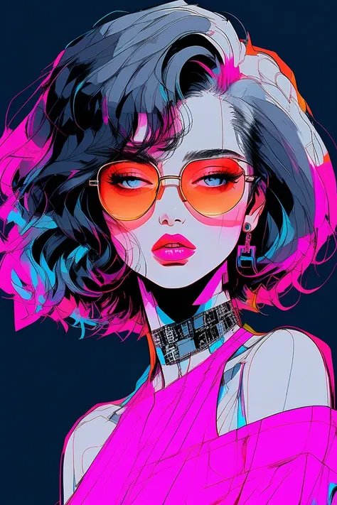 (Highest quality, sketch:1.2),Realistic,Illustrator,anime,1 Girl, Detailed lips, Black Dress,custom, (Background dark monochrome),Neon Hair,Texture Cropping, masterpiece, Style: Retro Classic, Dark Black, art, sketch book, (Bob Hair Black:1.75 Neon:1.32), ...