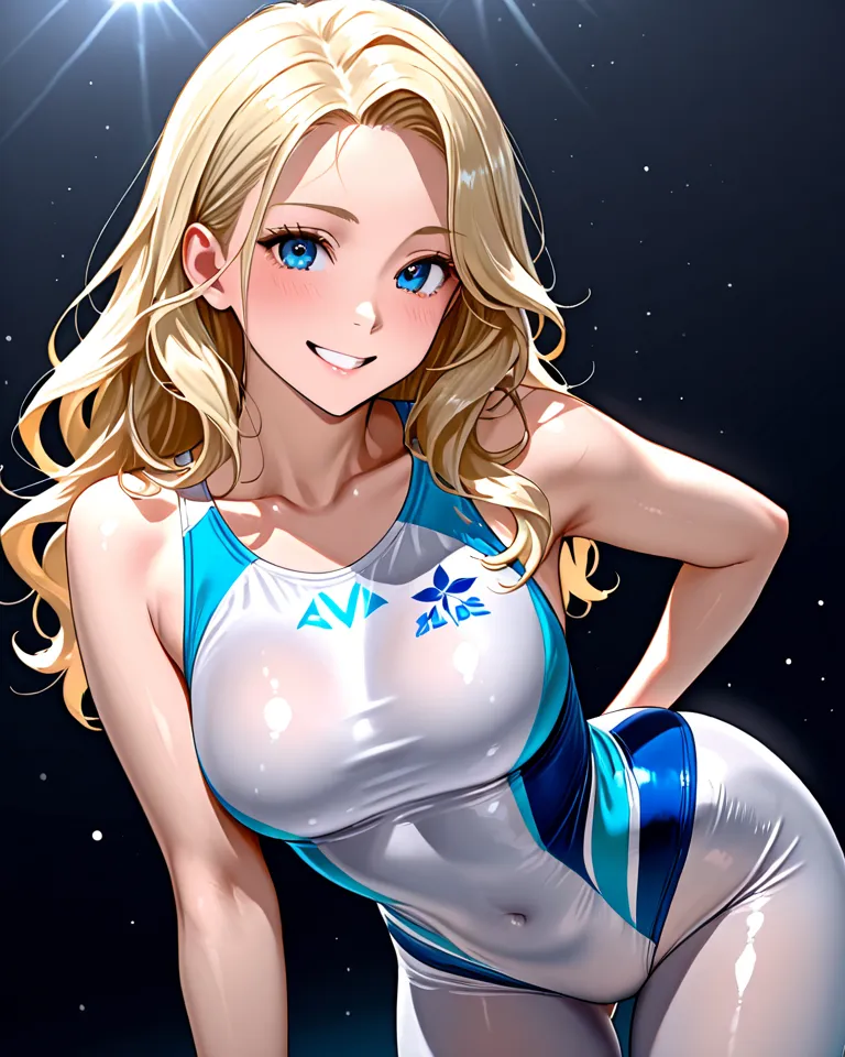 realisticlying、A 23-year-old girl、gymnast、Breasts enlarged、Forward View、Bodysuit covering the whole body、short blonde wavy hair、The face smiled、Gymnastics competition venue、Sexy Posing