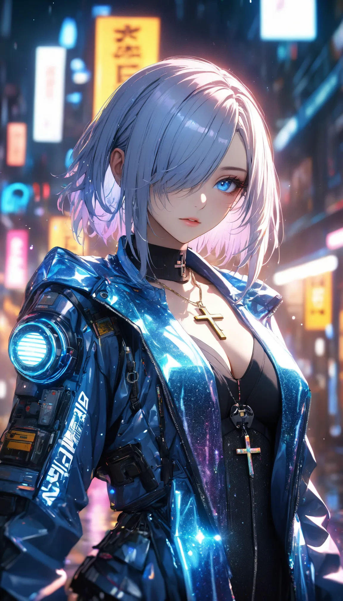 super realism、hyperrealistic 1 girl. Cyberpunk
( Lantern.Blue Eyes.) cross necklace.  hair to hide one eye, Multiple dumb hairs  , 
（jacket）Wear a cyber suit、glitter effect, lens flare, blurred background, 