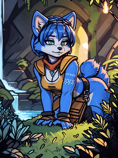 ((krystal)), Star Fox-Krystal, lovable,    green eyes, (((   Long blue hair 1  .3))),  cleavage, anthro, blurred,  detailed Fluffys fell,   detailed face , (Fluffy),     1 girl, ,woman, Goth,    green eyes, Undercut,  ultra-realistic 8k CG   ,    masterpie...