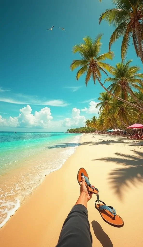 OV, first-person view of a tropical beach during a bright, sunny day. The golden sand stretches along the shore, meeting the gentle, crystal-clear turquoise waves that wash up in a soothing rhythm. The sun casts a long, well-defined shadow of the person ho...