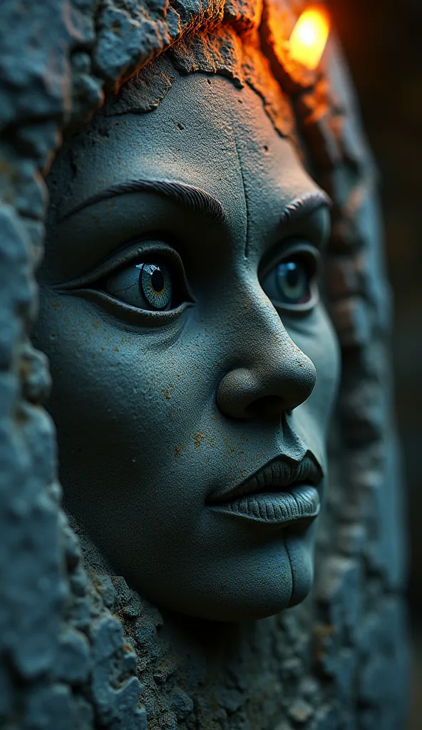 Cinematic ultra-realistic, 8K, detailed stone carvings, eerie shadows, dramatic depth of field.
A face carved in stone under the light of the torch. The worn texture and cracks in the surface increase realism.