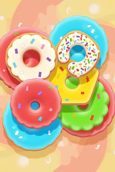 A playful and vibrant game icon for 'Shape Whiz,' featuring colorful donuts of different shapes and sizes. The donuts should be bright, with bold colors like red, blue, yellow, and green. Each donut shape represents a different geometric form, such as circ...