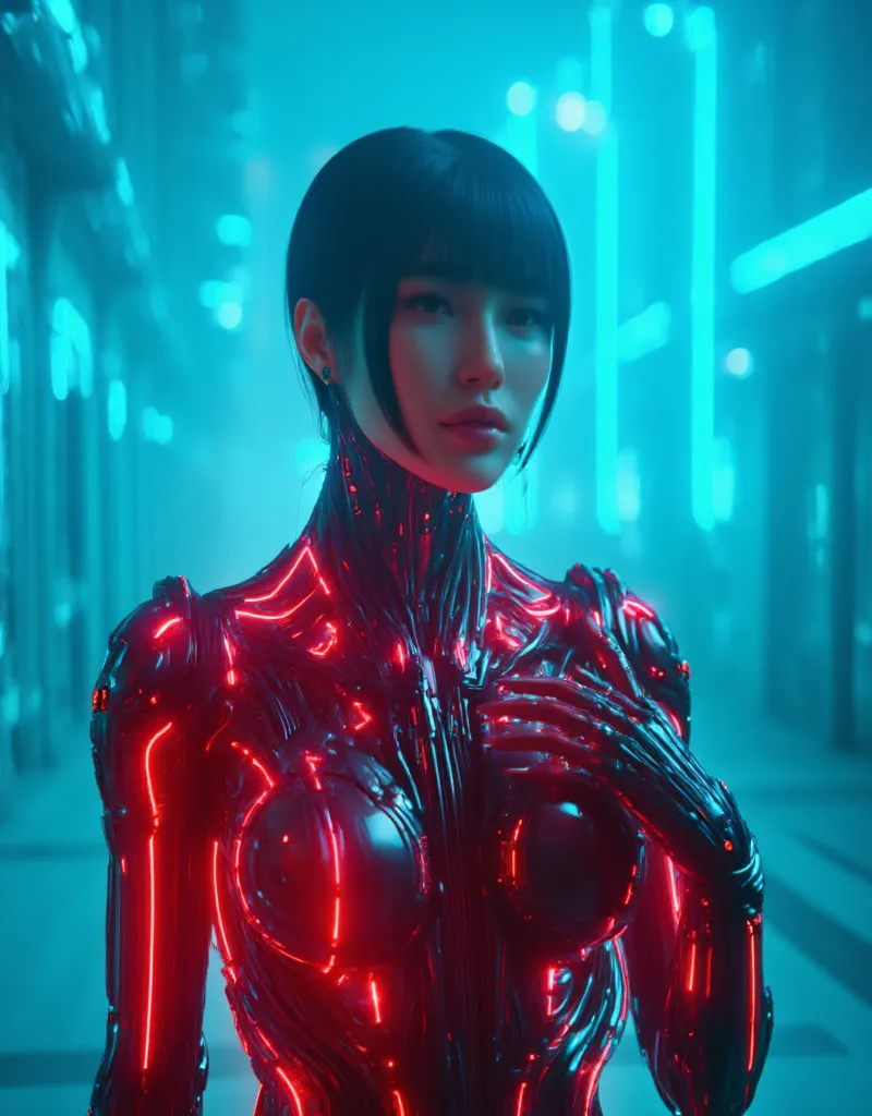 (((Full body view:1.8))), (((Landscape photography:1.3))), Cinematic photography of a tall skinny Korean beautiful sensual actress Bae Suzy in a glowing biopunk-cyberpunk mechanical armor posing in an empty street of futuristic city with geometric and mini...