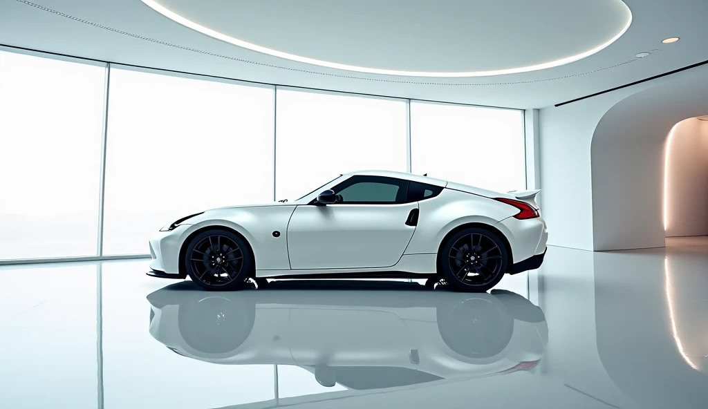 Side body view of modern modified 2025 Nissan 370Z polished white color in a luxury bright high level showroom