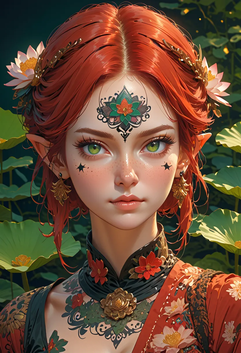 Portrait of Freckled beauty pointed elf ears blue red hair rinegan black eyes, com oculos raiban de coração transparente verde perfect composition of lotus black gold, ornate face tattoo stars, trending on artstation, sharp focus, studio photo, intricate d...