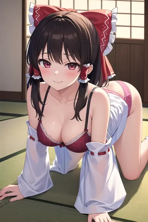 ((best quality)), ((masterpiece)), (detailed),1 girl。Reimu。(moving composition)。tatami。clothes open。bra。 Smile。on all fours。pussy juice spills。masturbation。