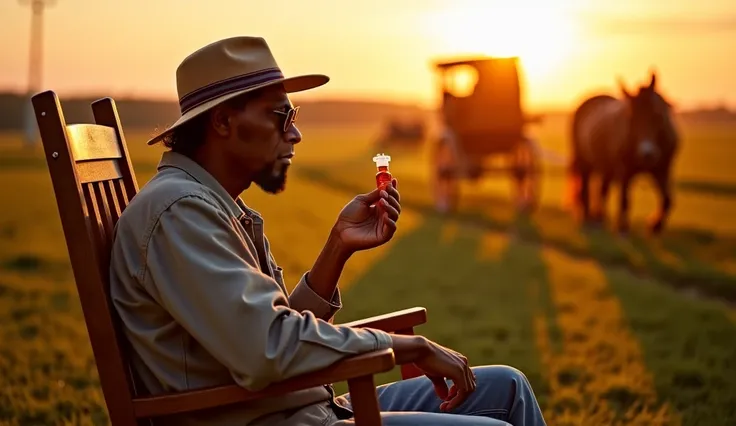 A hyper-realistic, ultra-HD image of Snoop Dogg sitting outside on a wooden rocking chair in an Amish village at sunset, looking thoughtful as he rubs a few drops of CBD oil between his fingers. He’s dressed in simple Amish clothes, yet his signature cool ...