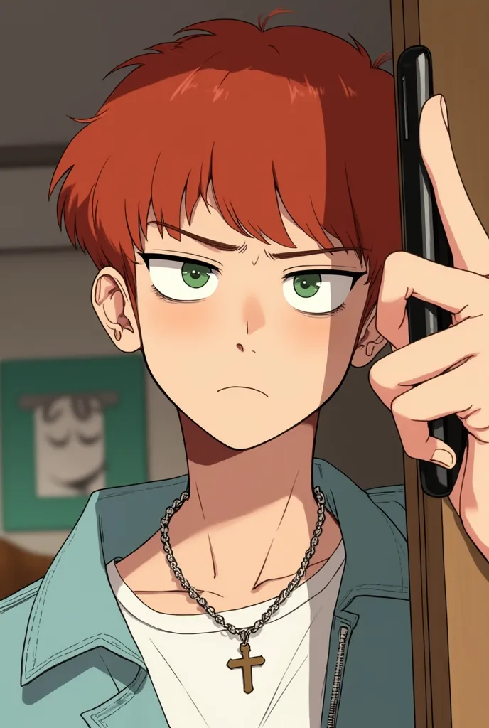  cartoon. a fair-skinned young man with short wavy red hair.  His eyes are green and he has a serious expression. He is wearing a thin chain necklace with a pendant, that appears to be a crucifix or similar symbol.  He wears a light denim jacket and is hol...