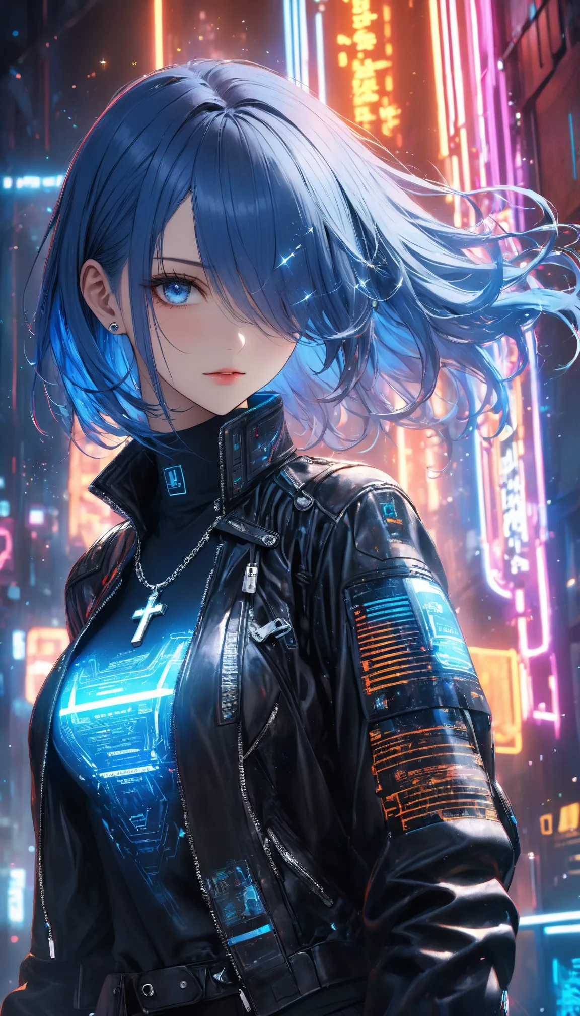 super realism、hyper realstic 1girl.cyberpunk
(BLUE hair.blue eyes.)cross necklace. hair to hide one eye,  Multiple Idiot Hair , face up、
(Wear a leather jacket with a jacket )( wear a cybertech suit inside)
epic, sparkle, particles , glowing,ember

（ morni...