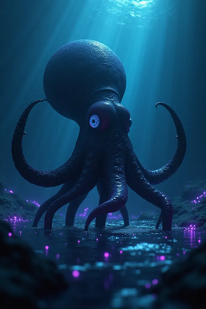 A cinematic, awe-inspiring digital artwork of a giant squid emerging from the deep sea, its enormous tentacles stretching out dramatically. The scene is illuminated by eerie bioluminescent glows, casting a mysterious blue and purple light across the dark o...