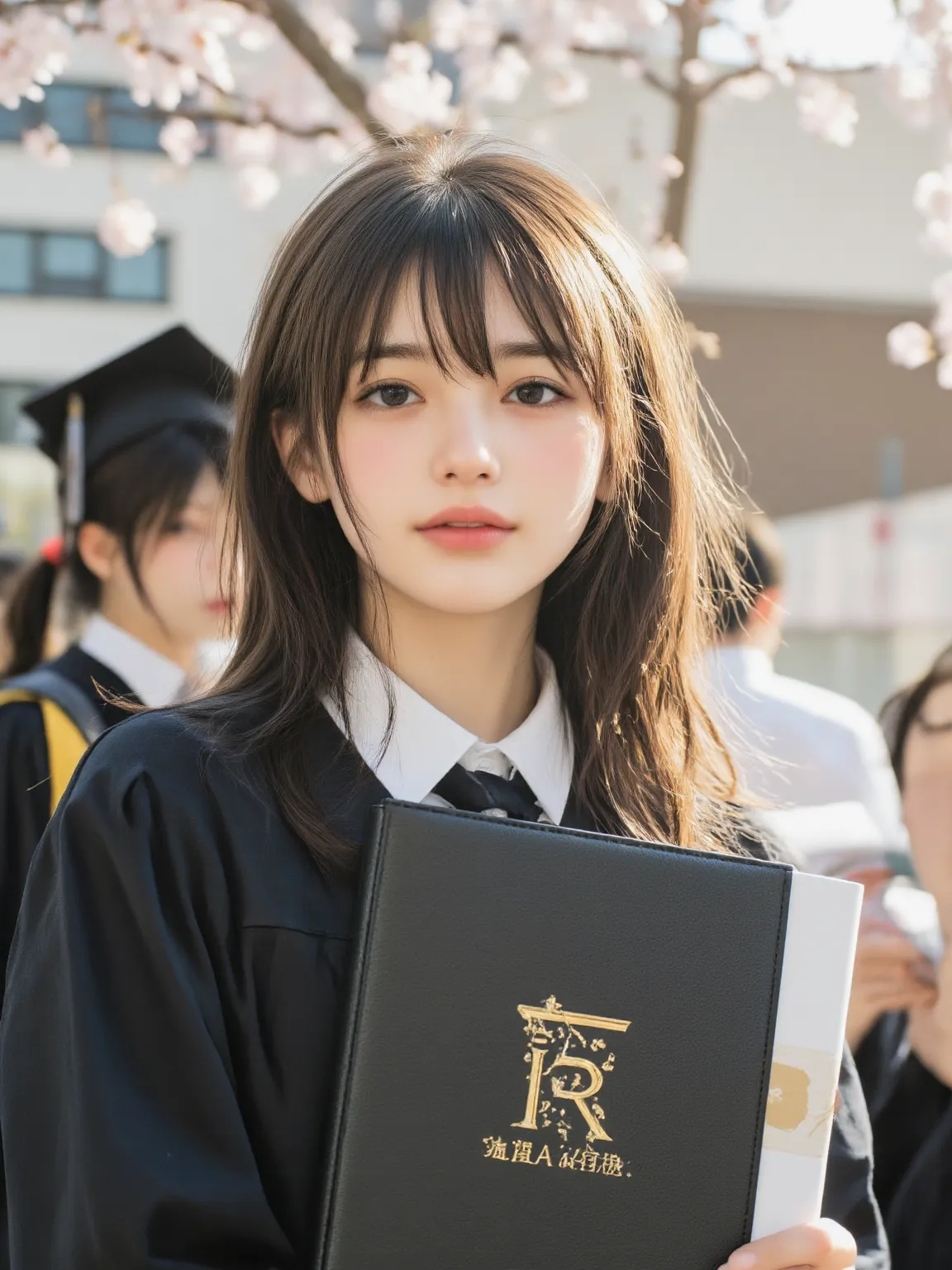 A young Japanese student standing proudly in a graduation ceremony, wearing a traditional black and white school uniform with a neatly tied ribbon. She holds a diploma in her hands, smiling gently at the camera. The background features a school building wi...