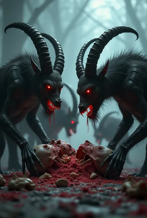 an image with a blurry background depicting several goat-like demons biting and eating skulls.
