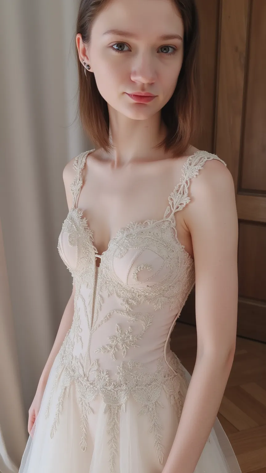 sexy cute  girl, small breasts, thin waist, sexy wide hips. sexy wedding dress. short haircut