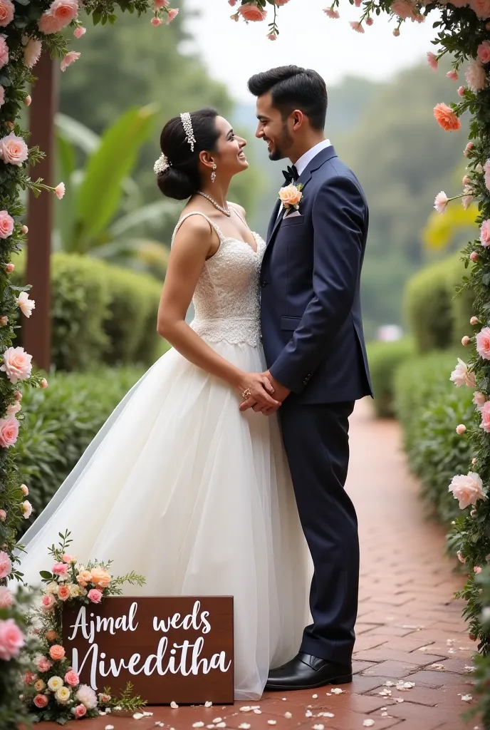 Make a wedding photo of girl and boy .Write 'ajmal weds niveditha' on a board