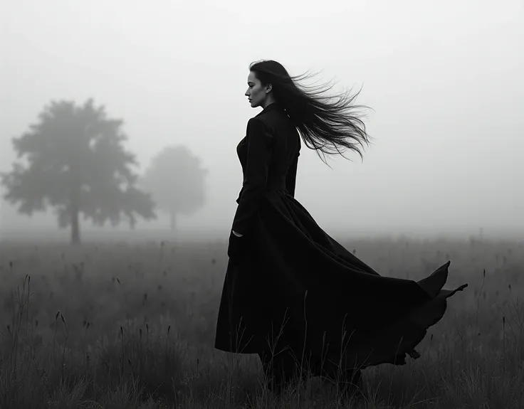 Create a cinematic black and white photograph featuring a woman in a voluminous black coat standing in an open field with misty trees in the background. Her hair should be flowing dramatically in the wind. The image should have a soft, diffused lighting th...