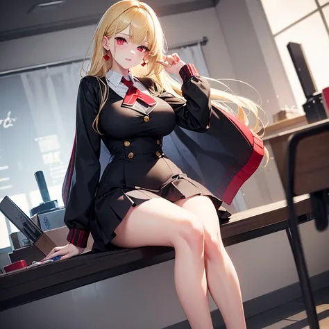 
golden-blond hair,   Simple and neat dress ,  sexy girl  ,   huge breasts , full body images ,    red eyes   , Wear earrings , ,  , cold face   ,   alone ,   schoolgirl   , Azur lane style picture   , Anime style images