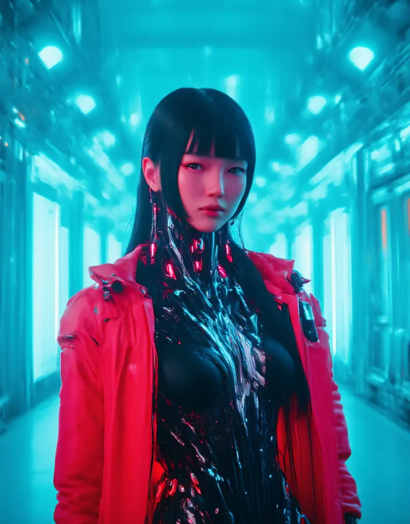 (((Full body view:1.8))), (((Landscape photography:1.3))), Cinematic photography of a tall skinny Korean beautiful sensual actress Bae Suzy in a glowing biopunk-cyberpunk cyborg mechanical armor posing in an empty street of futuristic city with geometric a...