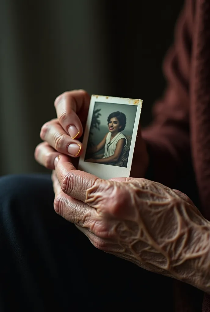 A 90year old woman hand that is wrinkly and old looking, the hand is holding a Polaroid picture of the woman when she was younger 