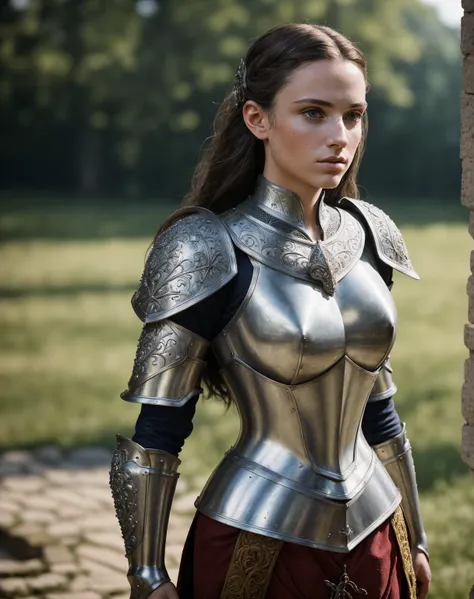 (masterpiece), (extremely intricate:1.3),, (realistic), portrait of a young woman, the most beautiful in the world, (medieval armor), metal reflections, upper body, outdoors, intense sunlight, far away castle, professional photograph of a stunning woman de...