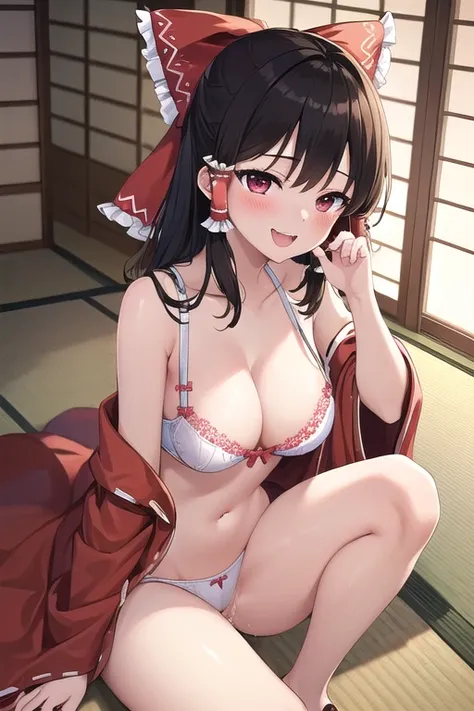 ((best quality)), ((masterpiece)), (detailed),1 girl。Reimu。(moving composition)。tatami。clothes open。bra。 Smile。Sitting cross-legged。pussy juice spills。masturbation。Yawning。