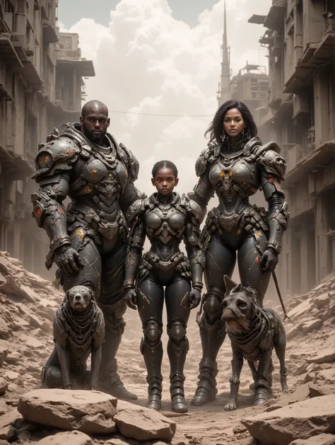 Cybernetic Family of a Black Man Woman girl boy and a dog, standing in the rubble of a building during the post apocalypse, daytime, ruined degraded buildings in the background, dust cloud in the background
